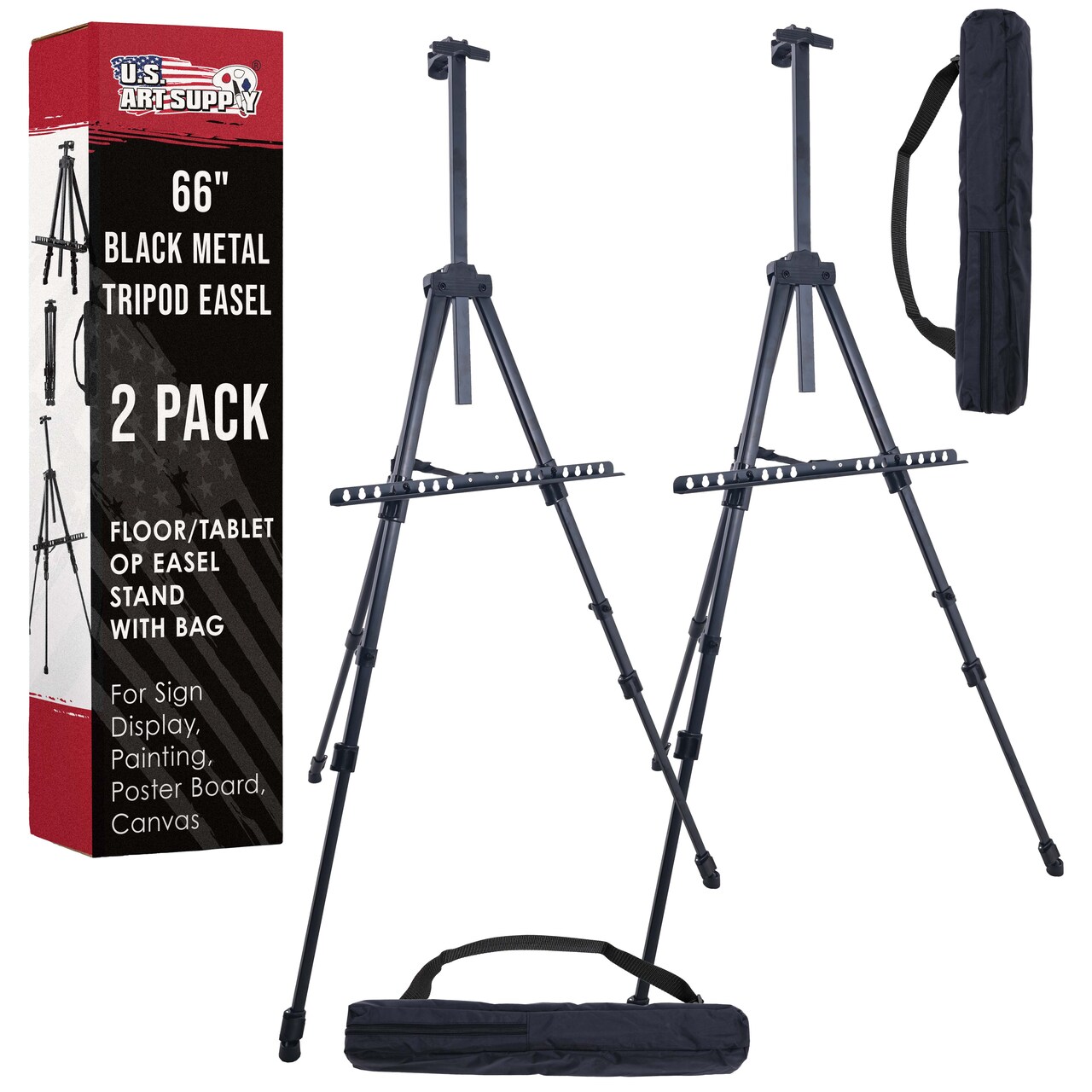 U.S. Art Supply 66" Black Metal Tripod Easel Display (2 Pack) - Adjustable 20"- 5.5', Holds 32" Canvas - Floor/Tabletop Easel Stand, For Sign Display, Painting, Poster Board, Canvas - Portable Bag